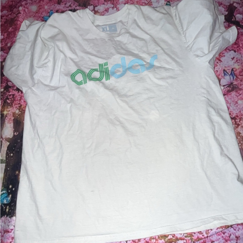Adidas White T-Shirt with Green and Blue Logo